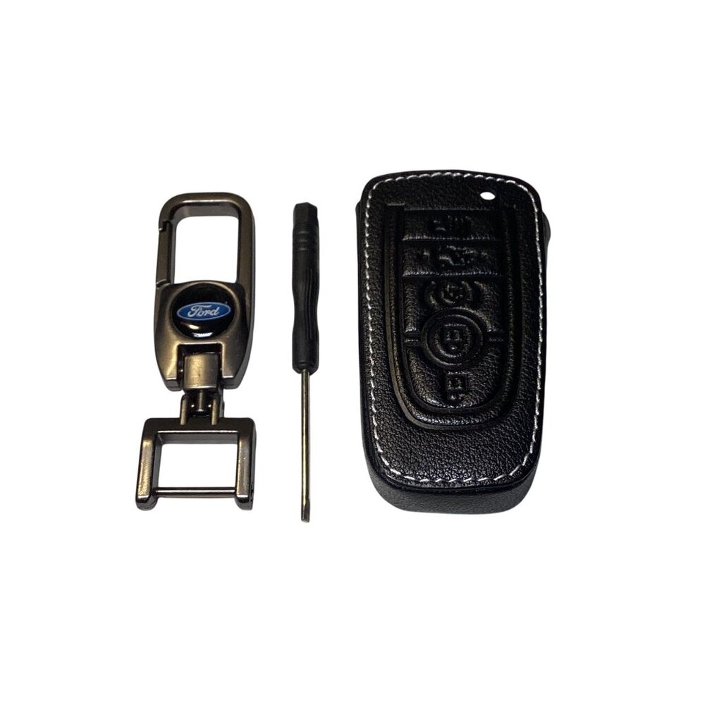 For Ford Premium Key Fob and Key Chain Faux Black Leather New
